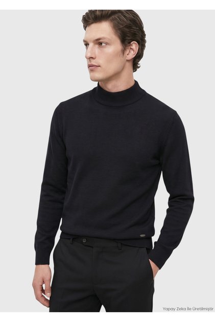 Navy Blue Half Turtleneck Plain Knit Wool Blended Sweater