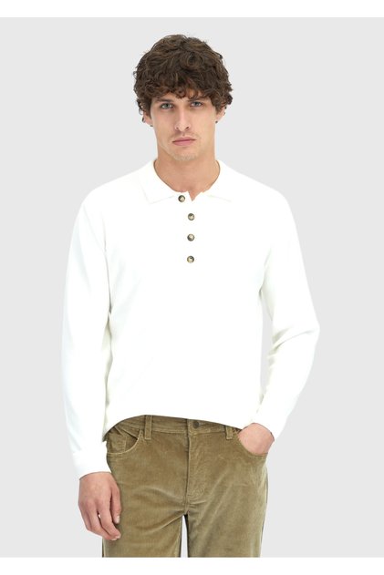 Ecru Polo Neck Plain Knit Sweater
