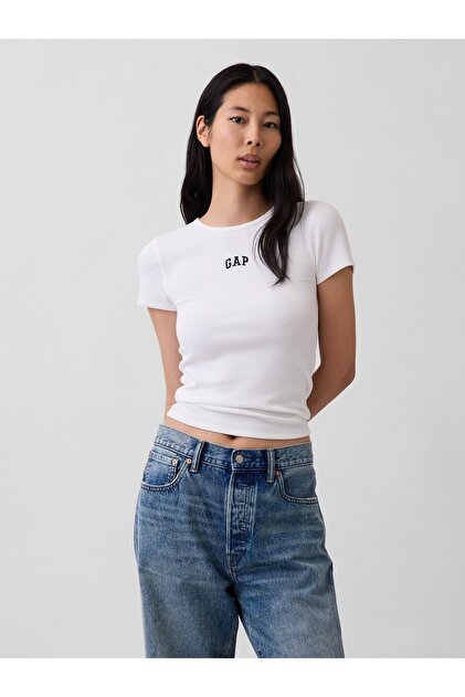 Kadın Beyaz Modern Fitilli Logo T-Shirt