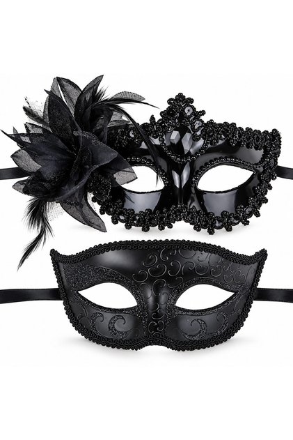 Set 2 Masti de Cuplu, Flippy, pentru Carnaval, Bal Mascat, Marime Universala, Model Floare Laterala si Margele, Model Clasic, Negru