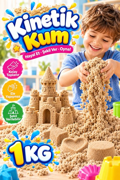 1 Kg Natural Kinetik Kum (Natural) - Akışkan ve Dağılmayan Eğitici Oyun Kumu Standart Paket