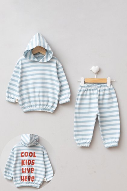 Unisex Children's Striped Hooded Printed 100% Cotton Two-Thread Tracksuit Two-Piece Set