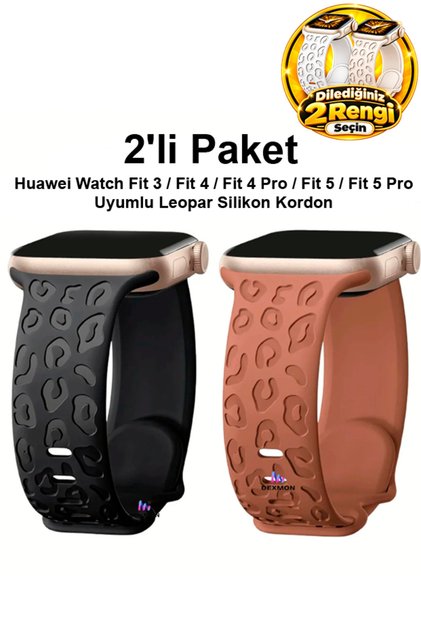 Huawei Watch Fit 3 / Fit 4 / Fit 4 Pro / Fit 5 / Fit 5 Pro Uyumlu Leopar Desenli 2’li Silikon Kordon Seti