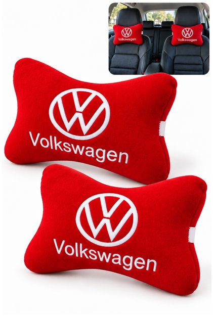 Volkswagen Embroidered Red Fleece Car Neck Pillow Set of 2 Auto Seat Headrest Pillow