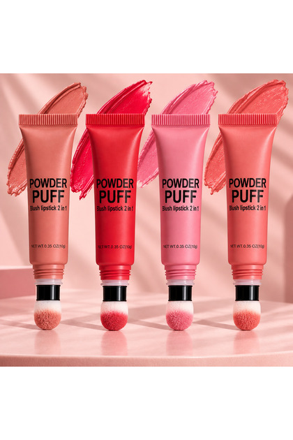 2-in-1 Sponge Tip Liquid Blush and Lipstick – Powder Puff Blush Lipstick – 4 Color Options
