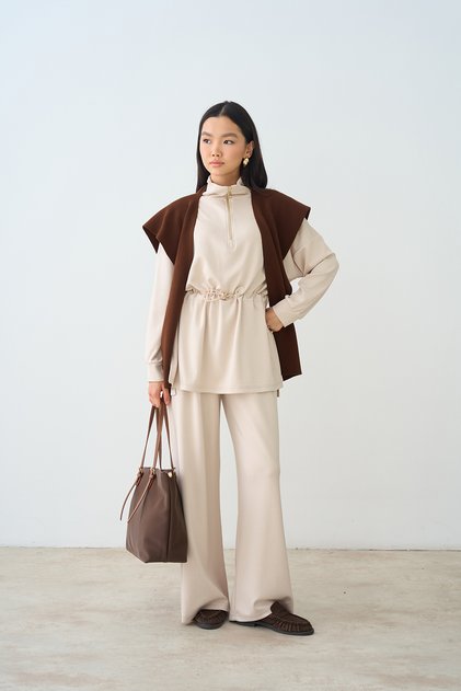 Women's Adjustable Waist Half-Zip Tracksuit Set Cream