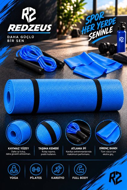 Konfor Zemin 7 mm Taşıma Askılı Pilates Minderi Yoga Matı + Atlama İpi + Pilates Lastiği Seti