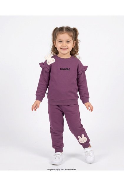 Girl's Winter 3-Yarn Threaded, Fleece-Lined, Rabbit Embroidered Thick Tracksuit Set for Ages 2-3-4-5-6
