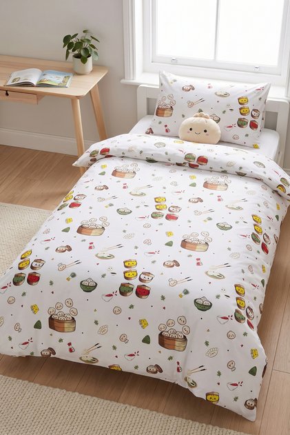 Chinese Dumpling Patterned Single Duvet Cover Set | 1 Piece 160 × 220 cm Duvet Cover | 1 Piece 50X70 cm Pillowcase