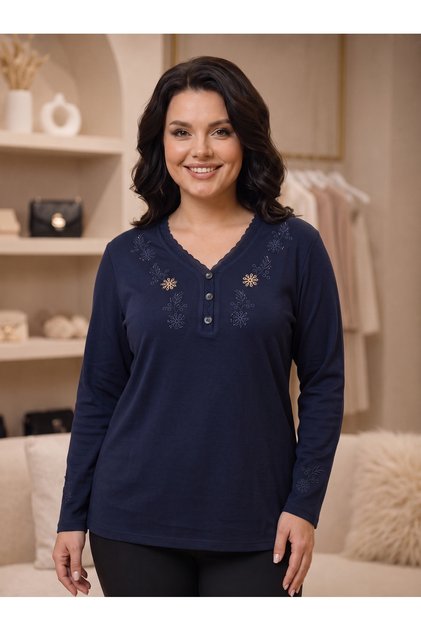 Nergiz Combed Cotton Women's Large Size Long Sleeve Comfortable Fit Blouse