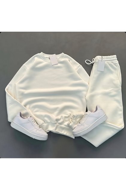 Men's White Fleece Lined 3 Thread Crew Neck Sweatshirt and Sweatpants 2-Piece Set