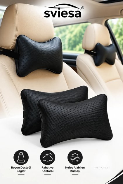 Car Neck Pillow Set of 2 Black Perforated Faux Leather Car Head Support Pillow