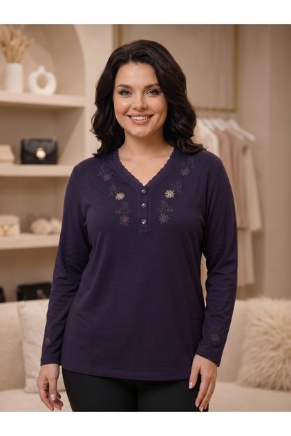 Nergiz Combed Cotton Women's Large Size Long Sleeve Comfortable Fit Blouse