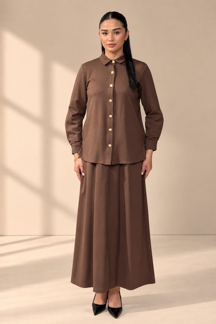 Women's Winter Shirted Long Dress Double Set - Gold Buttoned Jacket and Long Dress Set Tok Steel Knitted Fabric Maxi Dress