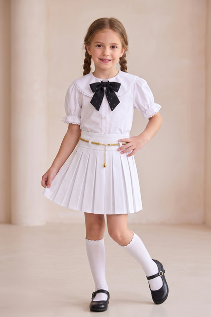 Girl's Short Sleeve Doll Collar Black Scarf Polka Dot Shirt Yellow Chain White Pleated Skirt April 23 October 29 Show Outfit White