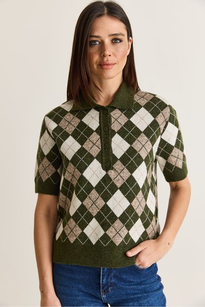 Women's Khaki-Cream Diamond Patterned Polo Collar Short Sleeve Knitwear Sweater Tk261122 60286629