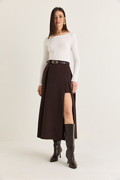 Women's Bitter Brown Slit Detailed Belted Wide-Pleated Midi Skirt 8045 60286471