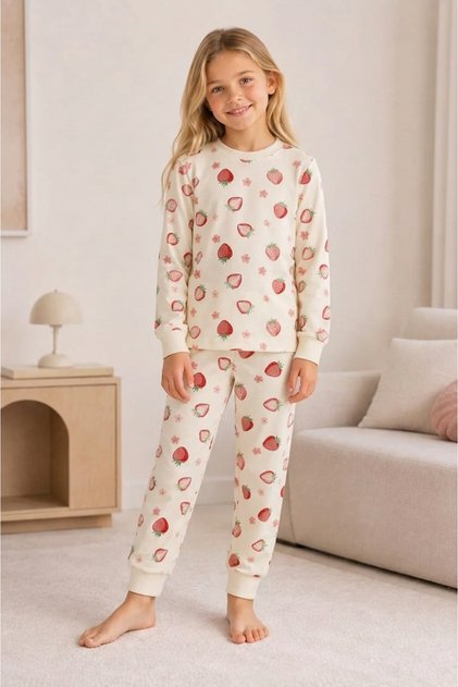 Girl's 100% cotton cream strawberry patterned pajama set