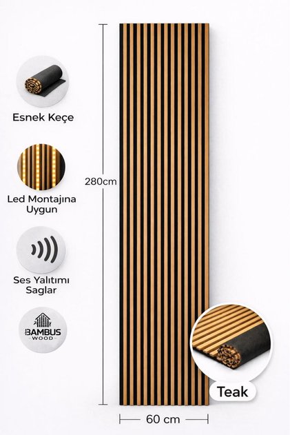 Dekoratif Çıtalı Mdf Akustik Duvar Paneli Akustik Ahşap Duvar Kaplama Paneli 60X280 cm Teak