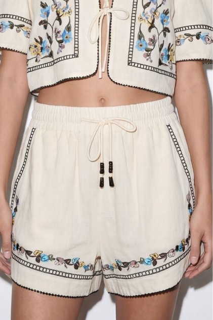 Embroidery Work Women's Shorts Srt02195 Beige