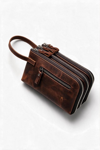 Veyron Model Genuine Leather Unisex Handbag 3 Compartments Zippered Organizer Brown