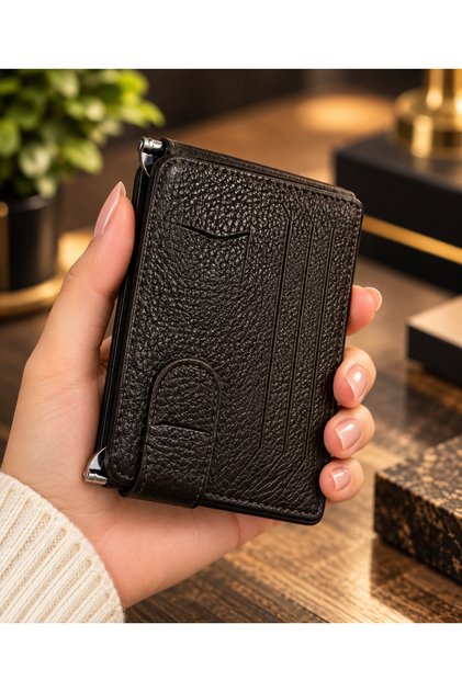 Genuine Leather Navy Blue Unisex Mechanical Card Holder Wallet – Compact and Stylish Design with Metal Money Clip