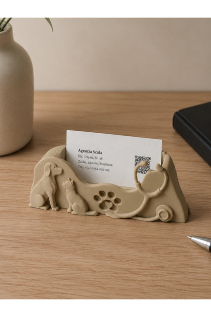Veterinary Themed Business Card Holder with Cat and Dog Figures |   3D Printing Desktop Business Card Stand