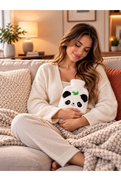 Panda Patterned Hot Water Bag with Plush Cover – Soft Textured Cute Warming Bag