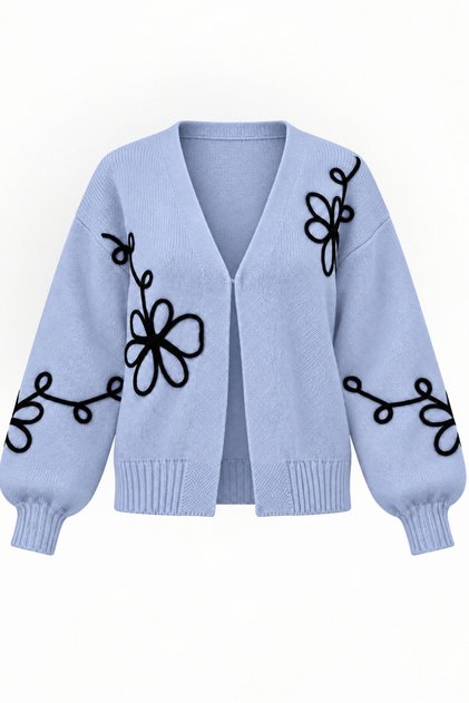 Women's Baby Blue Black Floral Embroidered Cardigan