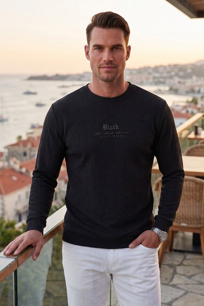 Men's Slim Fit Jacquard Textured Black Sweatshirt – Lycra Soft Textured Crew Neck with Embroidery 2708516