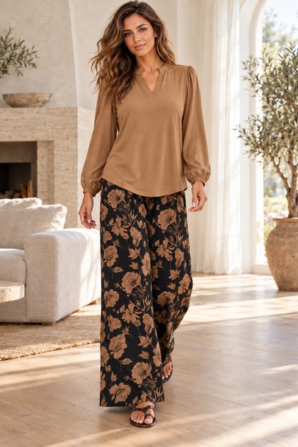 Women's Long Sleeve V-Neck Relaxed Fit Viscose Blouse and Floral Print Wide Leg Long Pants Two-Piece Set