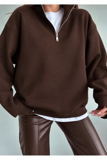 Unisex Brown Stand Collar Zippered Pullover Sweatshirt