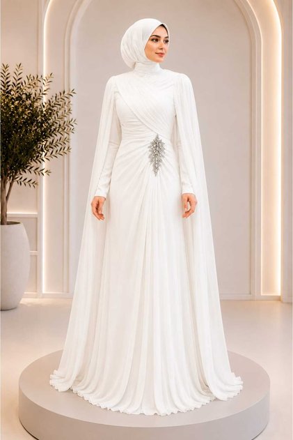Women's Cape Detailed Waist Stone Embellished Yoryo Chiffon Fabric Evening Dress Wedding Invitation Engagement Dress