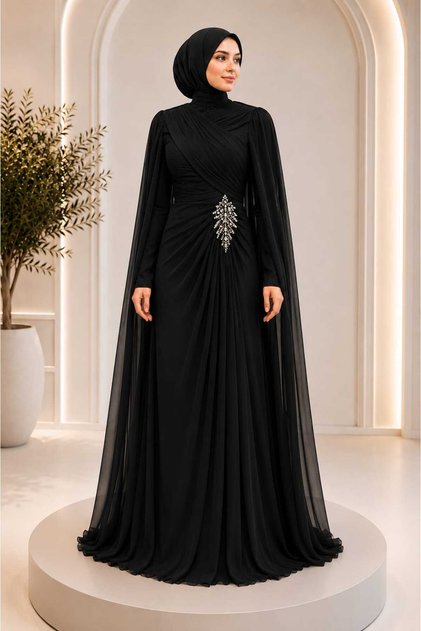 Women's Cape Detailed Waist Stone Embellished Yoryo Chiffon Fabric Evening Dress Wedding Invitation Engagement Dress