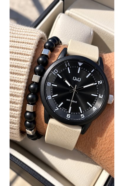 10 Atm Pool Sea Use-Beige Silicone Strap-Male Wristwatch-In Stylish Box