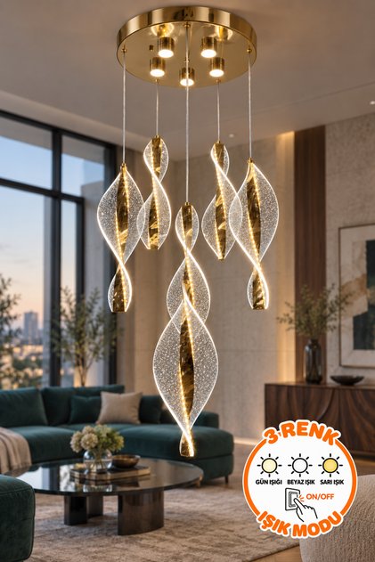 Sezar Gold 6'lı Spiral Kristal Sarkıt Avize 3 Renk Işık Modlu Led Avize Modern Salon Avize