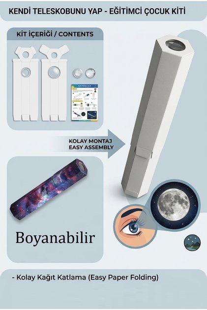 Karton Teleskop Yapım Seti Mercekli – Çocuklar İçin Kendin Yap Eğitici Uzay ve Keşif Etkinliği