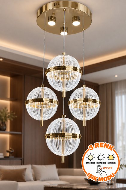 Rondus Gold 4'lü Kristal Küre Sarkıt Avize 3 Renk Işık Modlu Led Avize Modern Salon Avize