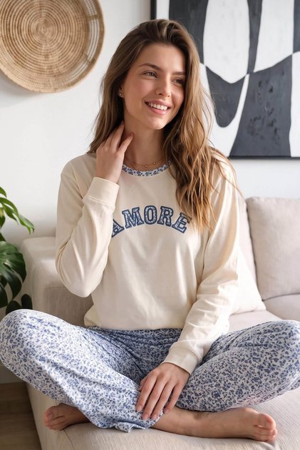 Beige Amore Patterned Cotton Refined Women's Pajama Set