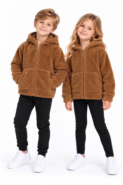Unisex Çocuk Kapüşonlu Peluş Ceket