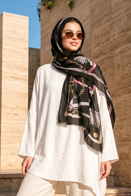 Women's Belt Chain Patterned 80X180 cm Imported Shawl 3006 Black