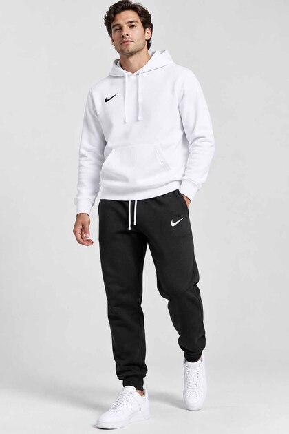 Erkek Beyaz Siyah İçi Polarlı Kapüşonlu Sweatshirt Jogger Eşofman Takımı