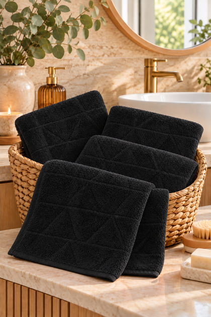4-Piece 100% Cotton Hand and Face Towel Set Geometric Black (45X90 cm)