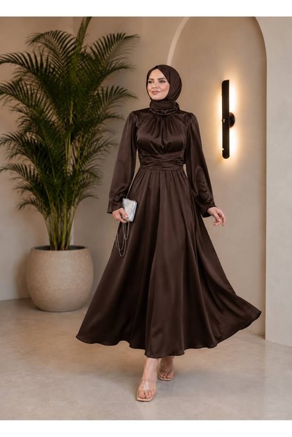 Satin Hijab Evening Dress Belted Spanish Sleeve Long Maxi Dress Bitter Coffee