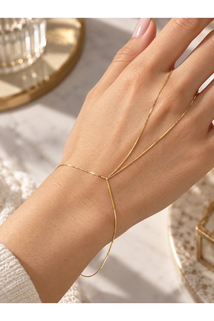 Minimal Box Zincir Şahmeran Bileklik 925 Ayar Gümüş 14 Ayar Altın Kaplama