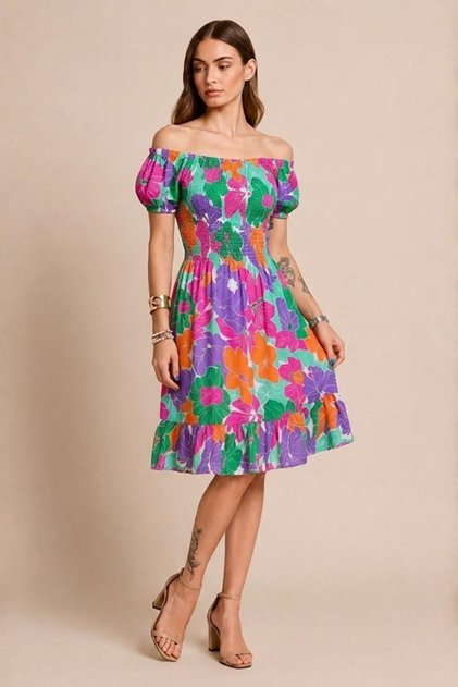 Women's Colorful Watermelon Sleeve Short Dress with Floral Pattern