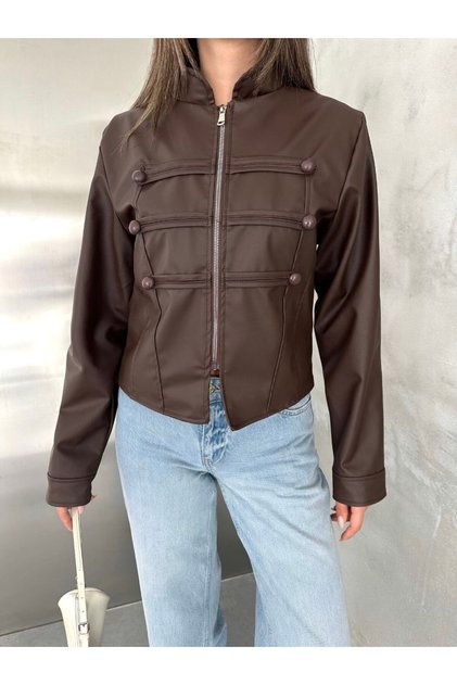 Women's MOCHA Leather Jacket with Button Striped Detail, Stand-Up Collar Detail, and Zip Detail, Faux Leather