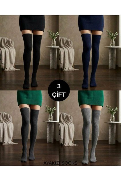 Women's Over-The-Knee 3-Piece Mixed Washed Lycra Socks 48 cm from the Sole up