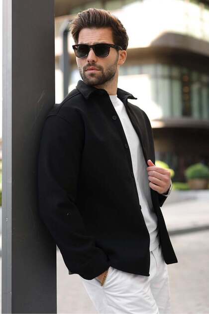 Black Cashmere Shirt Men's Jacket E6776