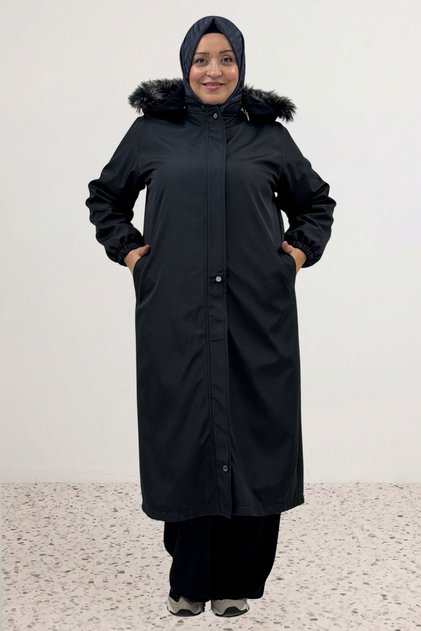 63032 Large Size Full Zip Hooded Fur Bondit Cap - Black
